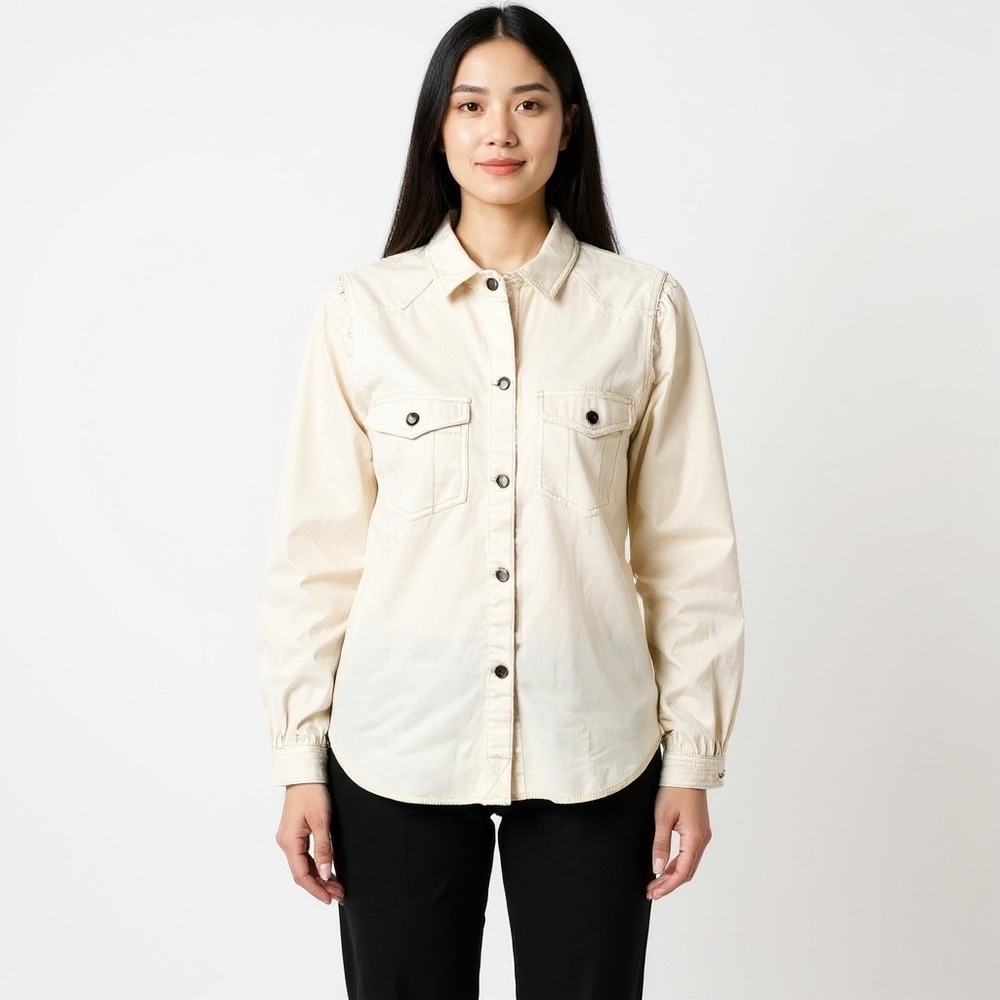 We The Free Free People Womens Western Shirt Size M Cream Denim Puff Sleeve NWOT